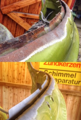 Vor und nach dem Glasperlenstrahlen. Zum Glück ist der innere Rahmen noch gut erhalten. Eine knackige Basis für die kommenden Rahmenstücke.