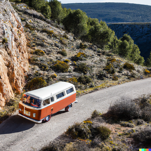 DALL·E 2023-03-04 17.39.27 - a vintage volkswagen bus t2 camper driving down a mountain offroad.png