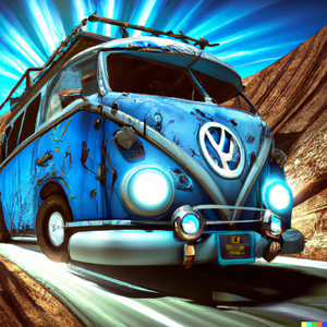 DALL·E 2023-03-04 17.45.49 - a vintage volkswagen latebay bus from 1970 with a vw sign at the front, driving down a mountain road with highspeed, having four steel wheels, color b.png
